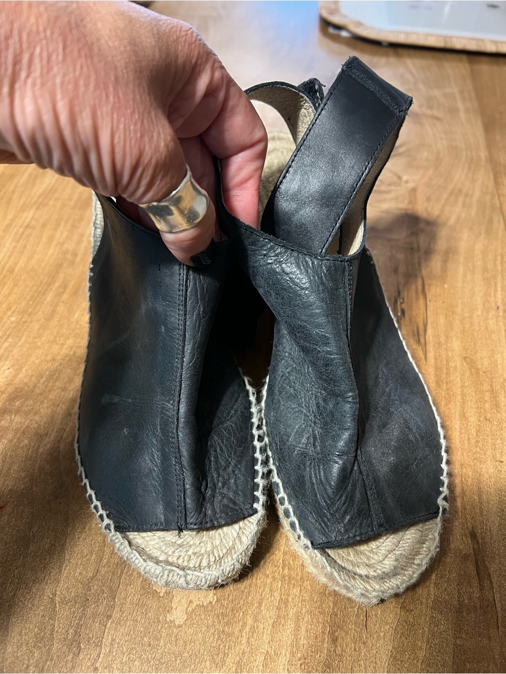 Black Leather Open-Toe Wedge Espadrilles with Slingback